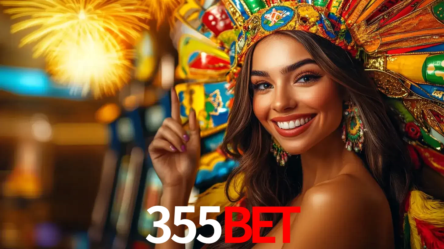 Mulher sorridente com um cocar de carnaval vibrante e colorido, celebrando uma grande vitória nos jogos do cassino 355BET com fogos de artifício ao fundo.