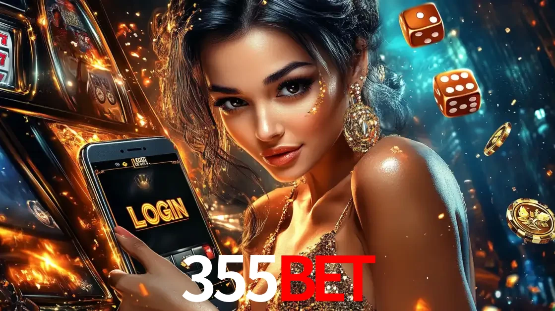 Mulher glamourosa segurando um celular com a tela de login do cassino 355BET, rodeada por dados e moedas douradas, pronta para começar a diversão.