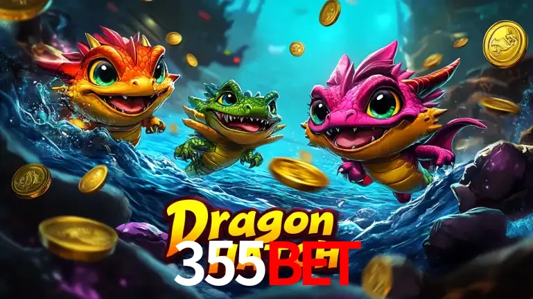 Arte promocional do jogo Dragon Hatch com três adoráveis dragões bebês nadando entre moedas de ouro, um dos slots mais divertidos para jogar no cassino 355BET.