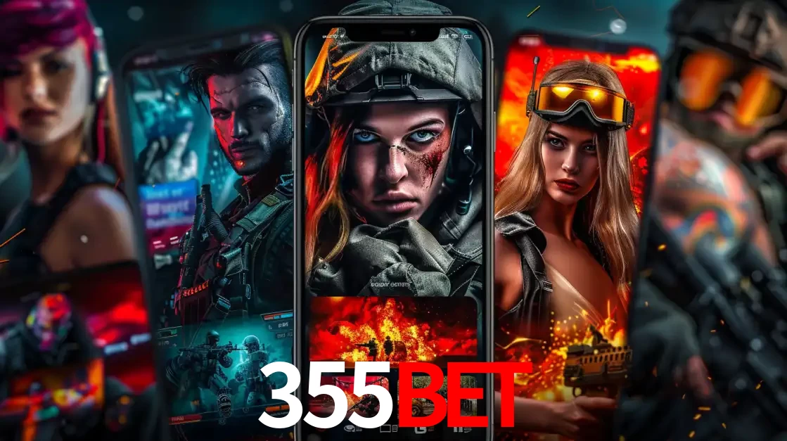 Montagem de telas de celular mostrando diversos personagens, masculinos e femininos, de um jogo de tiro, ilustrando a diversidade de equipes de e-sports para apostar no 355BET.
