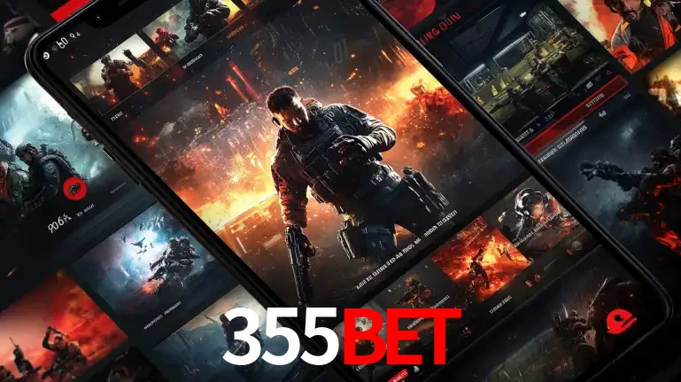 Tela de um celular exibindo uma galeria de jogos de tiro com temática militar, mostrando a variedade de e-sports disponíveis para apostas na plataforma de entretenimento 355BET.