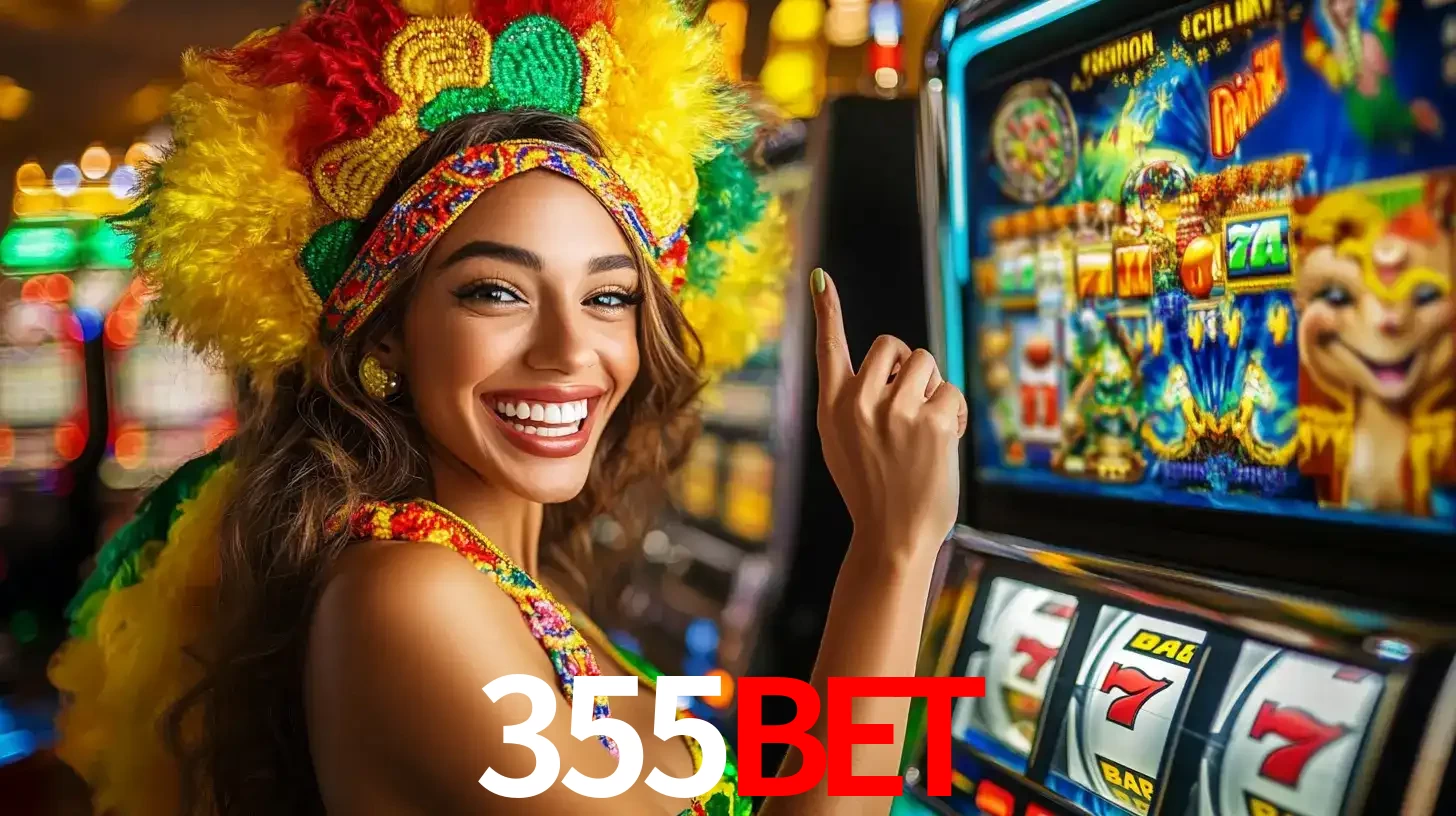 Mulher animada com um cocar de carnaval apontando para uma máquina de caça-níqueis, mostrando a emoção de ganhar um grande prêmio nos jogos do 355BET.