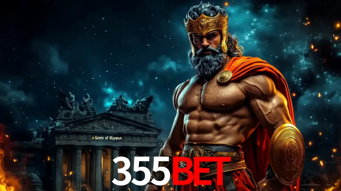 O poderoso Zeus do jogo de slot Gates of Olympus em frente ao seu templo, pronto para lançar multiplicadores divinos e prêmios épicos no cassino online 355BET.