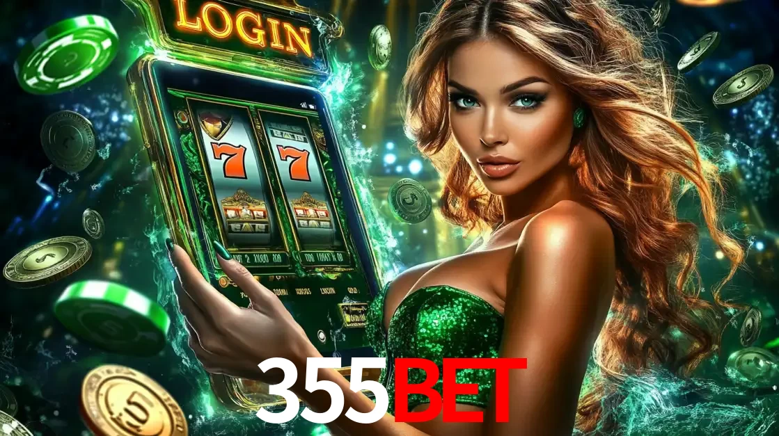 Mulher com tema verde apresentando o aplicativo do cassino 355BET com um jogo de slot de 777, cercada por fichas de cassino e uma aura de sorte.