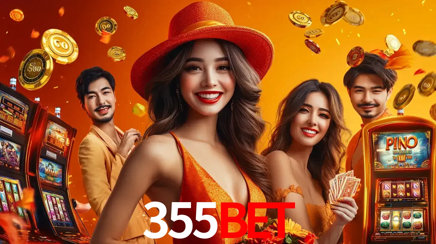 Grupo de amigos asiáticos sorrindo e se divertindo com máquinas de caça-níqueis em um ambiente festivo, celebrando suas vitórias nos jogos de cassino do 355BET.