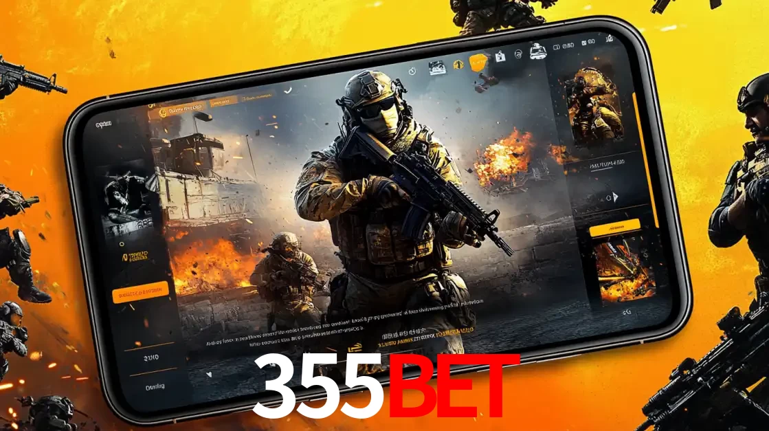 Um smartphone exibindo a interface de um jogo de tiro em primeira pessoa, com um soldado em um cenário de batalha, representando a ação dos e-sports para apostar no 355BET.
