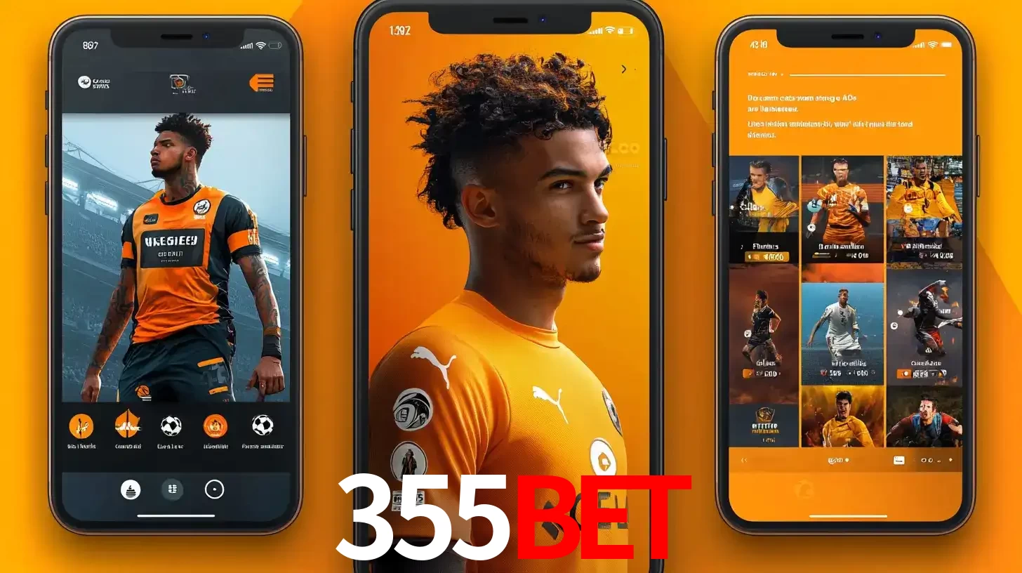 Interface do aplicativo de apostas esportivas 355BET em três telas de celular, mostrando o perfil de um jogador de futebol e a lista de jogos disponíveis para apostar.