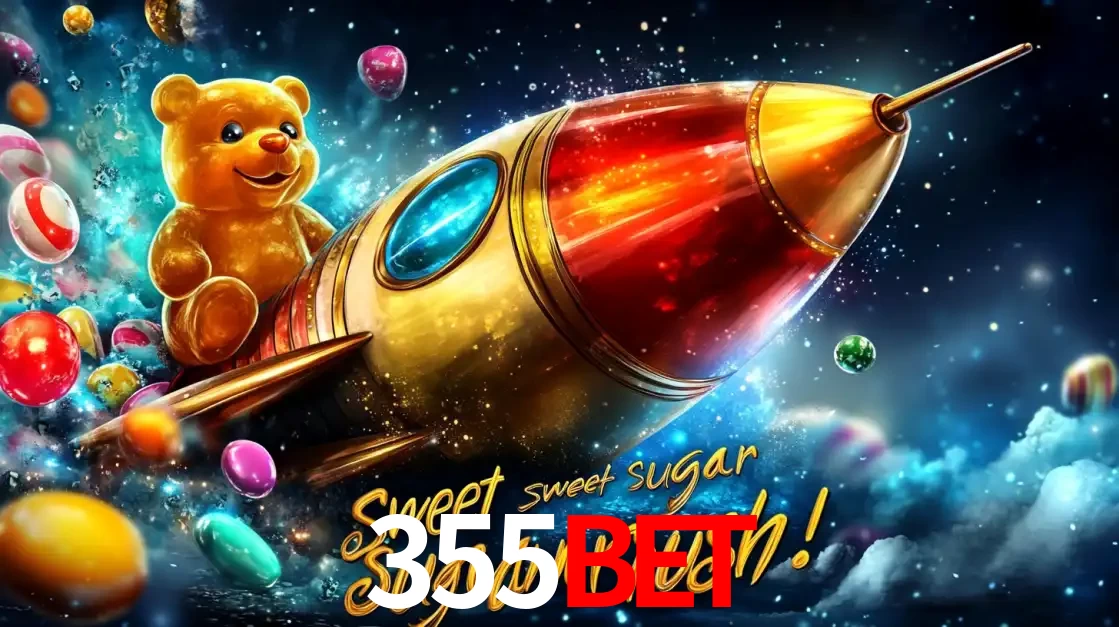 Arte promocional do jogo de slot Sugar Rush, com um urso de pelúcia em um foguete viajando pelo espaço de doces, um dos jogos divertidos disponíveis no cassino 355BET.