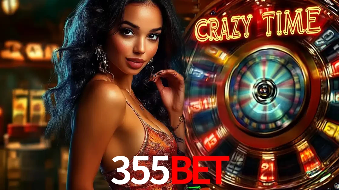 Mulher elegante ao lado da vibrante roda da fortuna do jogo de cassino ao vivo Crazy Time, um dos game shows mais populares e cheios de prêmios do 355BET.