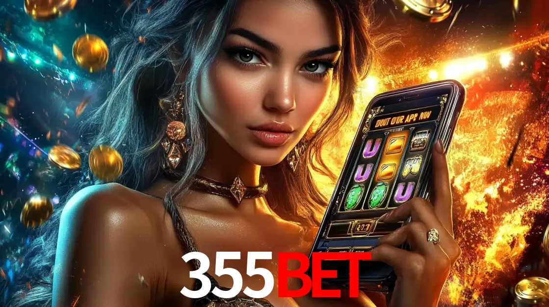 Mulher elegante mostrando um jogo de caça-níqueis em seu smartphone, destacando a experiência de cassino móvel oferecida pelo aplicativo 355BET.