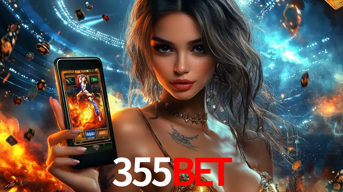 Mulher segurando um celular com um jogo de slot em destaque, tendo como fundo um estádio vibrante, simbolizando a emoção de jogar no cassino móvel 355BET.