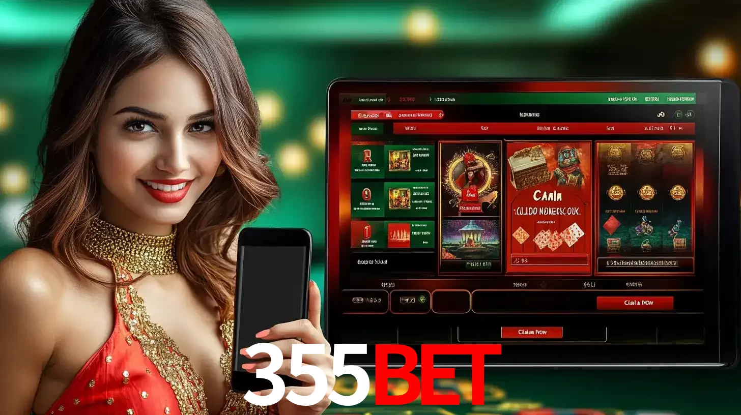 Mulher sorridente segurando um smartphone, ao lado de uma tela exibindo o lobby de jogos do cassino online 355BET, com várias opções de jogos de cartas e slots.